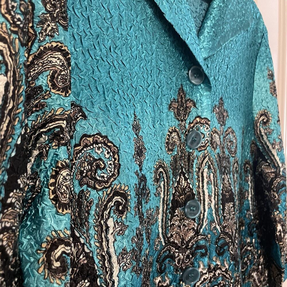 Joni B Turquoise Crinkle Button Down Blouse Dressy Silky Printed Women’s Size L - Picture 4 of 8